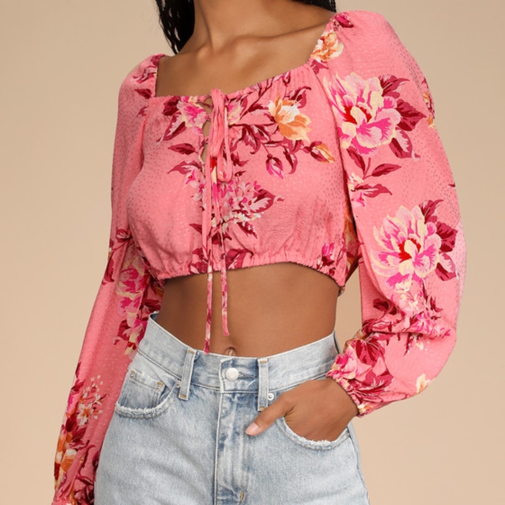 Lulus Cheerful Disposition Pink Floral Print Lace-up Crop Top - Size XS